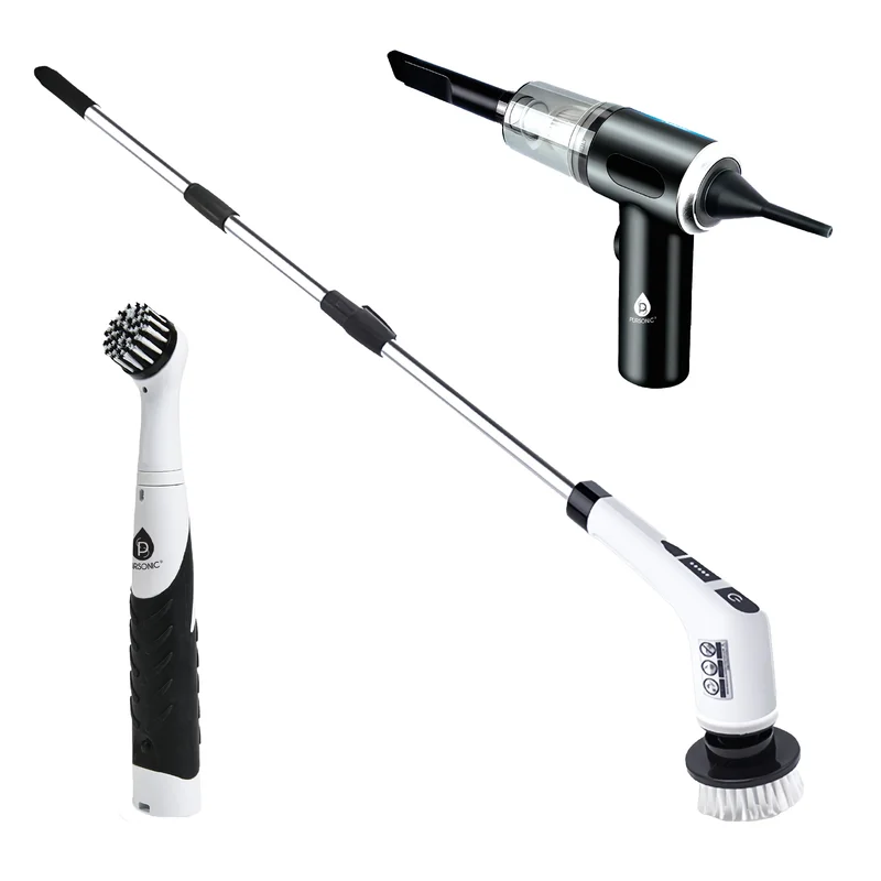 3-in-1 Cordless Rechargeable Cleaning Pursonic Bundle: Power Scrubber, Extended Brush & Mini Vacuum Duster for Home & Car.