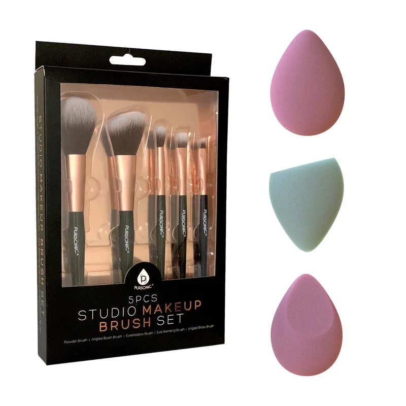 5-Piece Studio Makeup Brush Set & 3-Pack Beauty Makeup Sponge Blenders Flawless Application Essentials