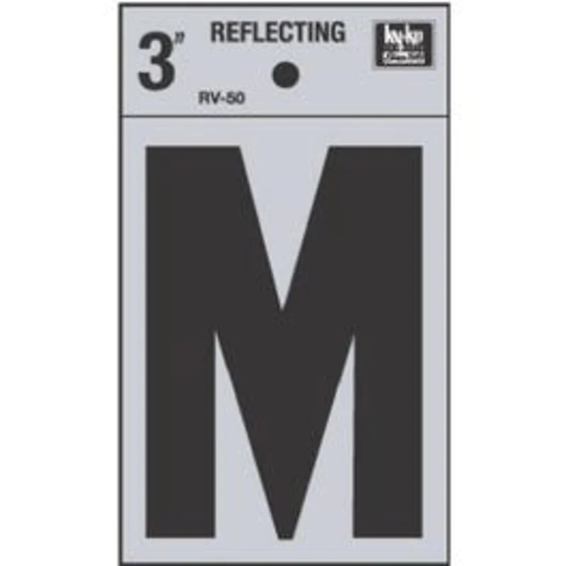 Address Letters, "M", Reflective Black/Silver Vinyl, Adhesive, 3-In.