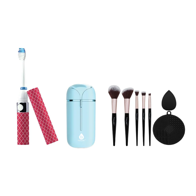 All-In-One Beauty & Wellness Travel Bundle  Pursonic Sonic Toothbrush, Painless Shaver & Glam Brush Set