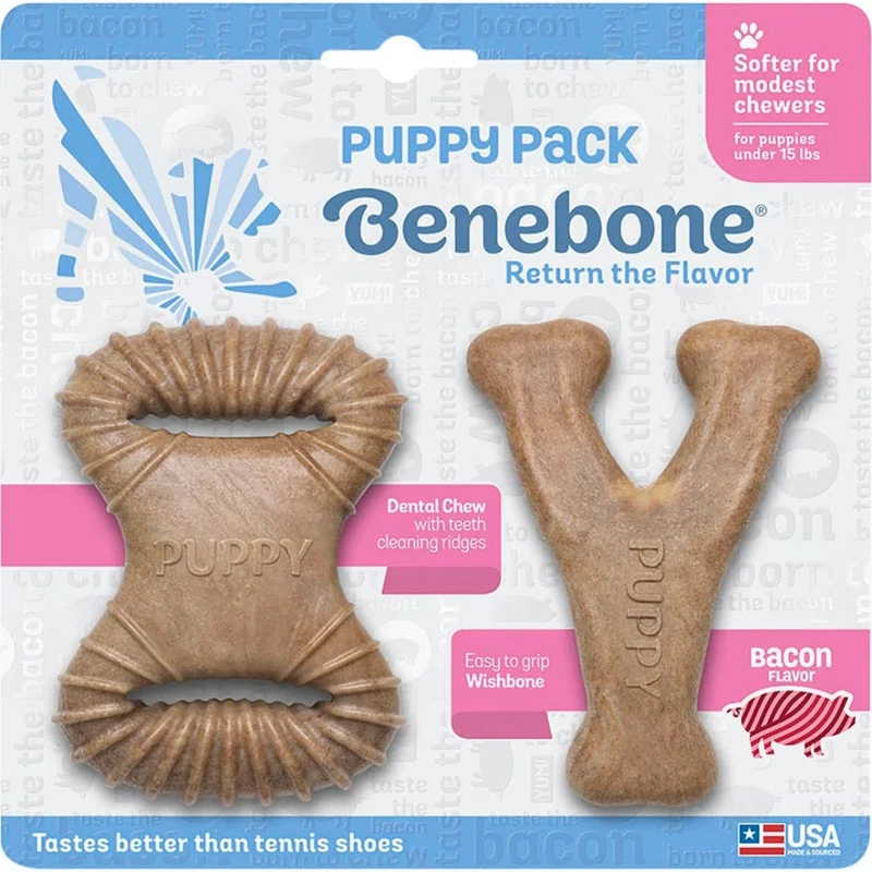 Benebone Puppy Dental Dog Chew Toy Pack BACON