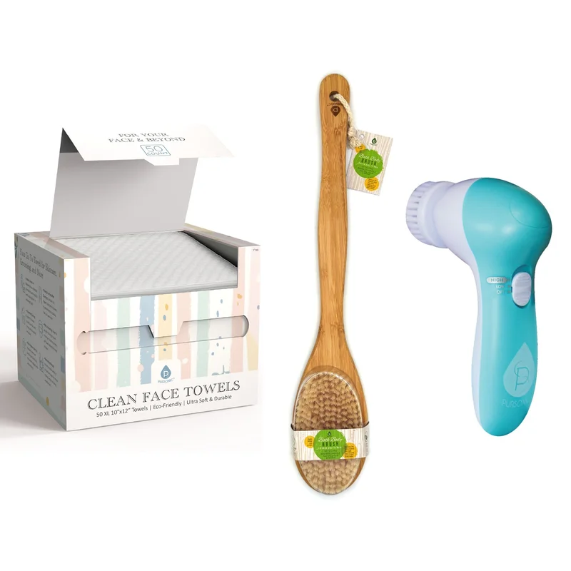 Complete Head-to-Toe Cleansing Set Advanced Facial Brush + Biodegradable Clean Towels + Bamboo Body Brush