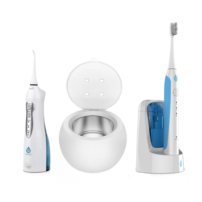 Complete Oral Care Bundle UV Sonic Toothbrush W 12 Brush Heads, Ultrasonic UV-C Cleaner Pod & Rechargeable Water Flosser