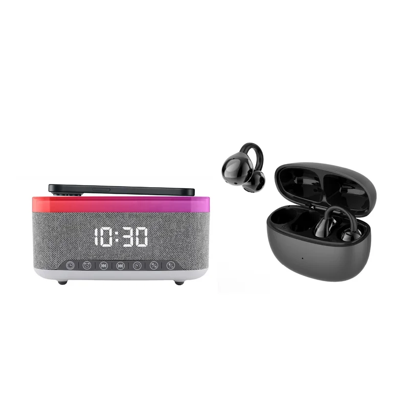 Complete Wireless Audio & Charging Bundle Alarm Clock Radio Speaker with Wireless Charger + Earbuds