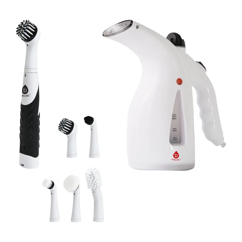 Cordless Power Scrubber Cleaning Brush + Pursonic 300ml Handheld Travel Garment Steamer  Home & Travel Cleaning Essentials