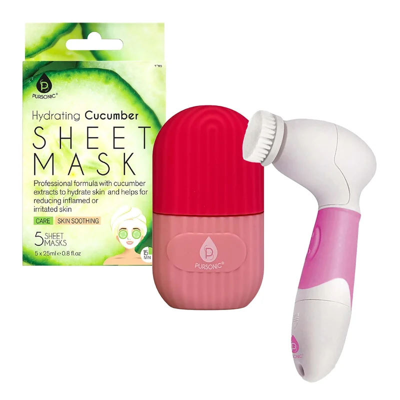 De-Puff Skin Set Ice Cube Facial Roller, Hydrating Cucumber Sheet Masks & Advanced Cleansing Brush