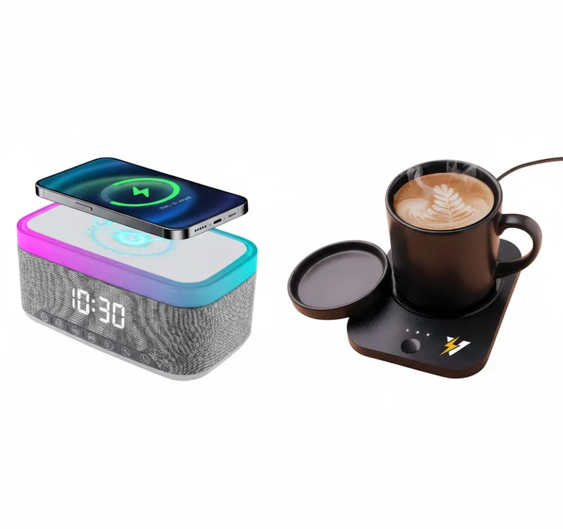 Desk-to-Bedside Power & Comfort Bundle  Sip & Charge 2-in-1 Mug Warmer + 5-in-1 Wireless Charging Alarm Clock Speaker