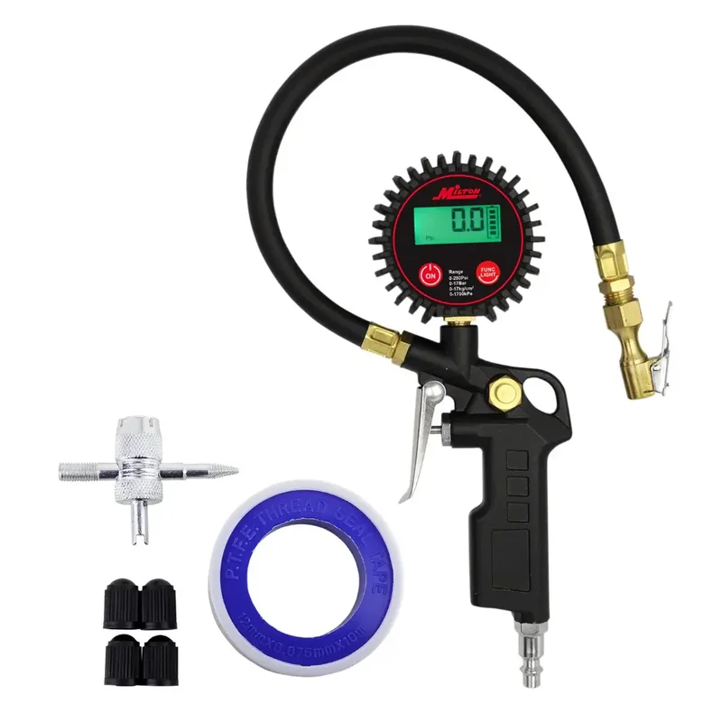 Digital Tire Inflator w/Accurate Tire Pressure Gauge, 0-250 PSI, 14 Air Hose, Brass Lock-On Clip Air Chuck & Compressor Accessories