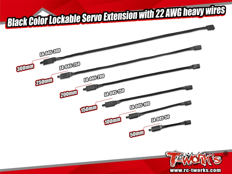 EA-045  Black Color Lockable Servo Extension with 22 AWG heavy wires 50/100/150/200/250/300mm 1pc.