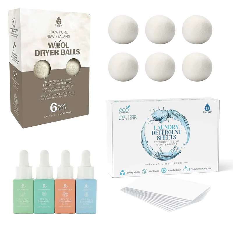 Eco-Friendly Laundry & Wellness Bundle  Detergent Sheets, Wool Dryer Balls, and Essential Oils