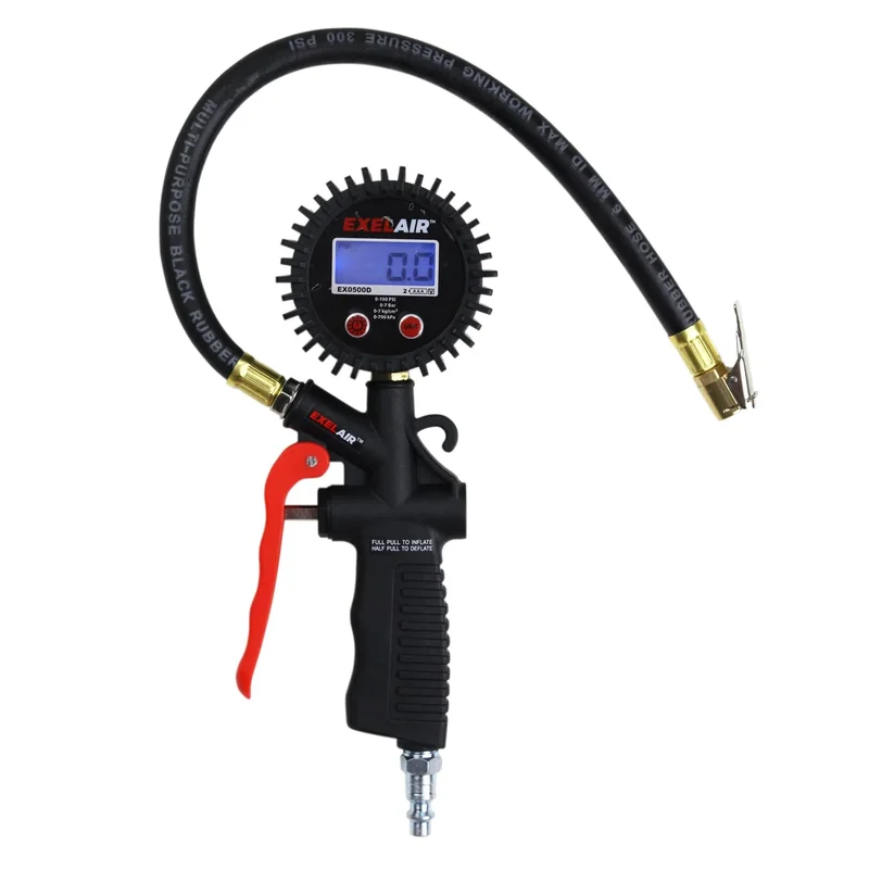 EXELAIR Analog Pistol Grip Tire Inflator/Deflator Gauge, 16 Air Hose and Easy-Clip Chuck