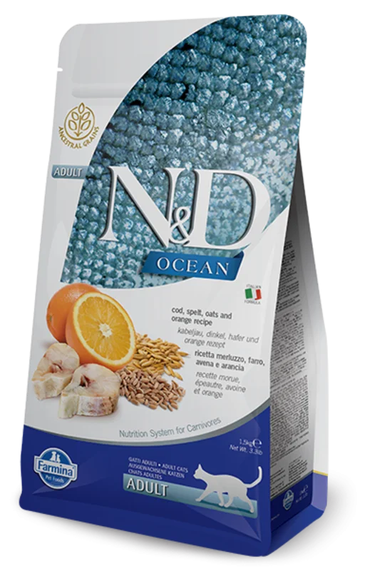 Farmina Ocean N&D Natural & Delicious Adult Cod, Spelt, Oats & Orange Dry Cat Food