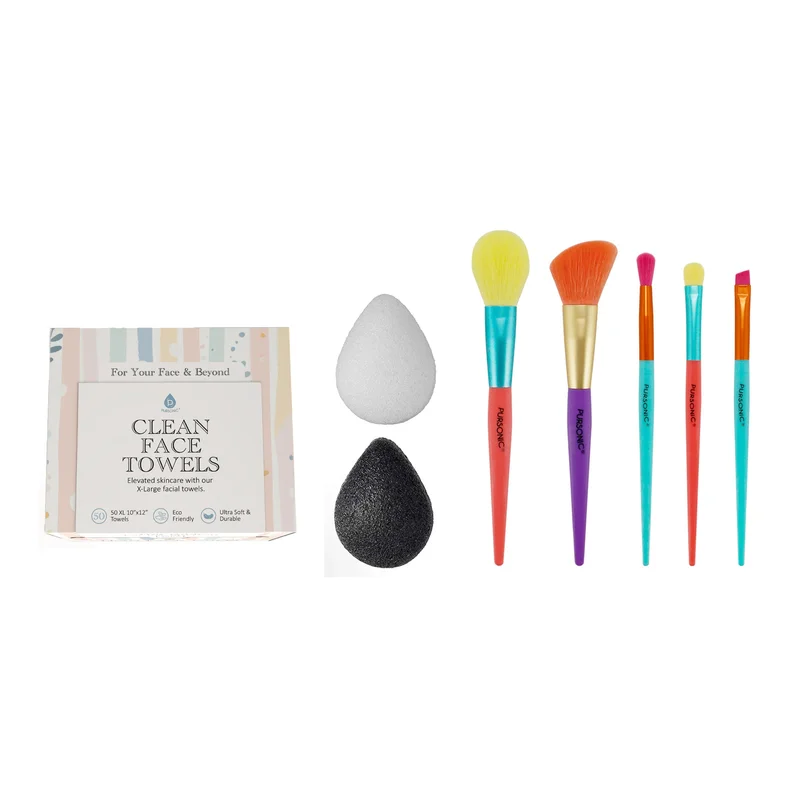 Flawless Skin & Makeup Prep Kit Brush Set, XL Clean Face Towels & Konjac Sponge