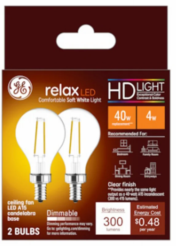 GE LED Ceiling Fan Light Bulbs, A15, Soft White, Clear, 300 Lumens, 4 Watt, 2-Pk.