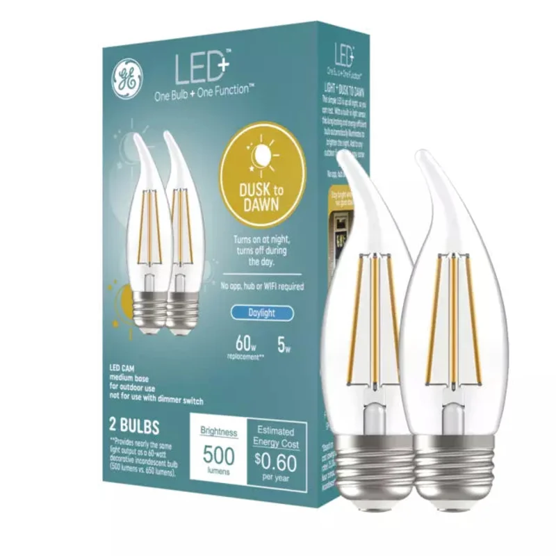 GE LED+ Dusk to Dawn LED Light Bulbs, Security Lights, 60 Watt Replacement, Medium Base, Decorative Candle Bulbs, Daylight (2 Pack)