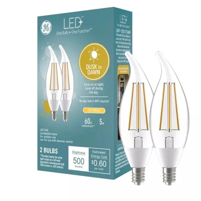 GE LED+ Dusk to Dawn Light Bulbs, Security Lights, 60 Watt Replacement, Decorative Candle Bulbs, Candelabra Small Base, Soft White