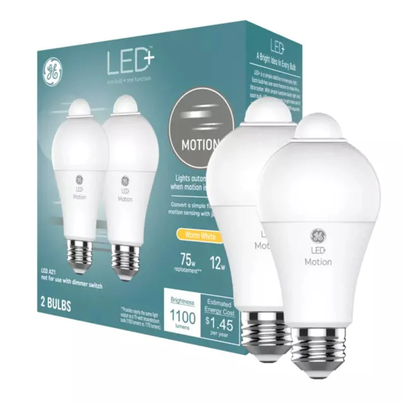 GE LED+ Motion Sensor LED Light Bulb A21 Security Light Bulb Warm White (2 Pack)
