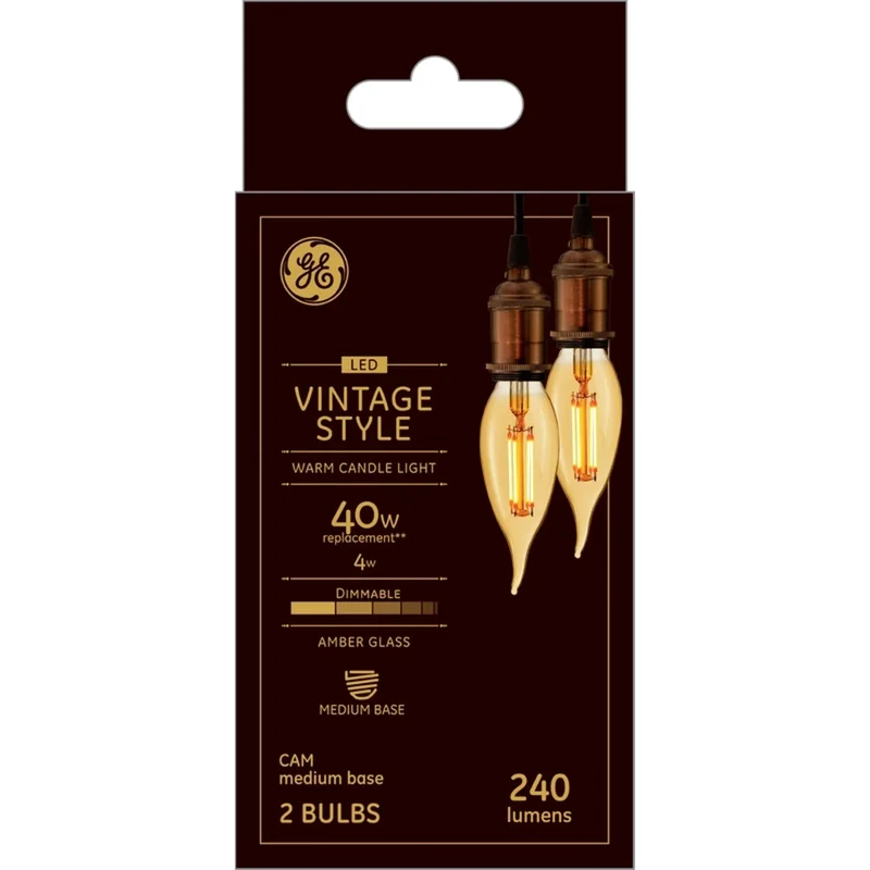 GE Vintage Style CA11 LED Light Bulb Decorative Candle Bulb Amber Glass 40 Watt Replacement Amber (2 Pack)
