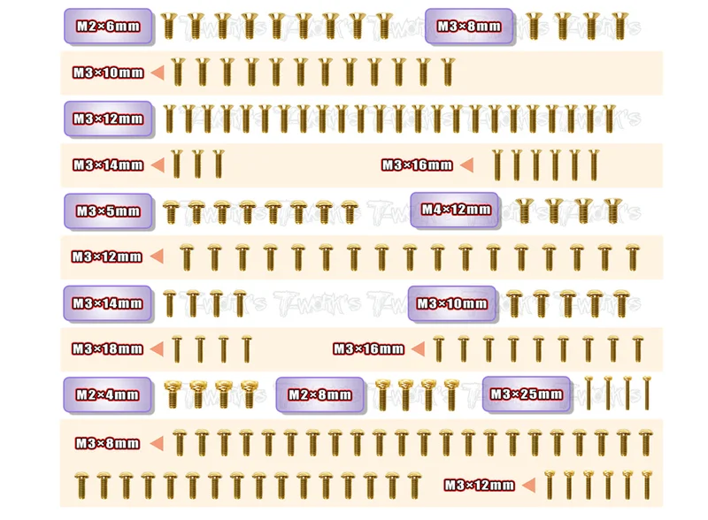 GSS-MBX8R-TGold Plated Steel Upper & Tranmission Screw set 165pcs. ( For Mugen MBX8R )