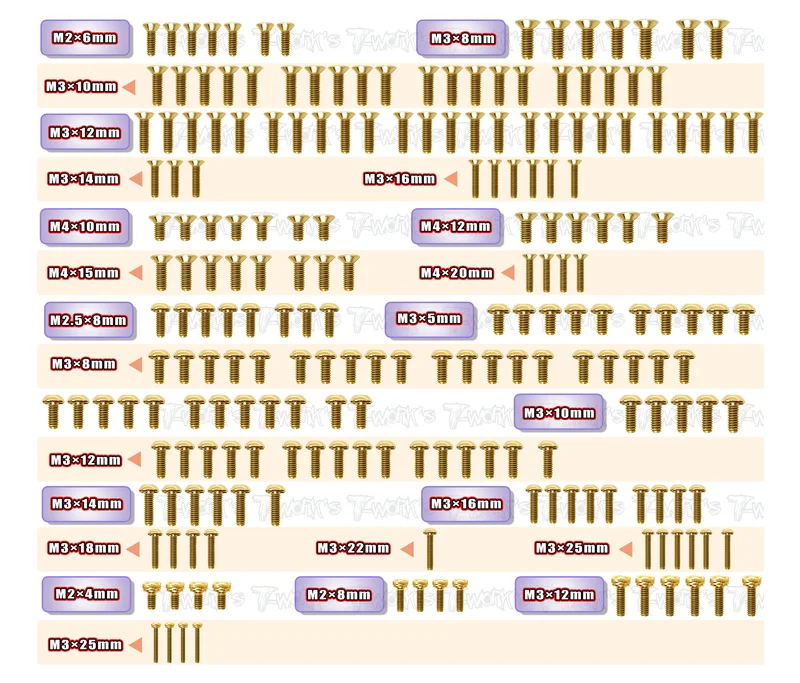 GSS-MBX8TR Gold Plated Steel Screw Set 208 pcs.( For Mugen MBX8TR )