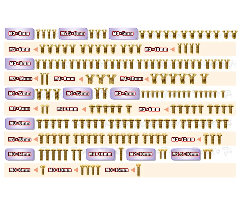 GSS-MRX7Gold Plated Steel Screw Set 181pcs. ( For Mugen MRX7 )