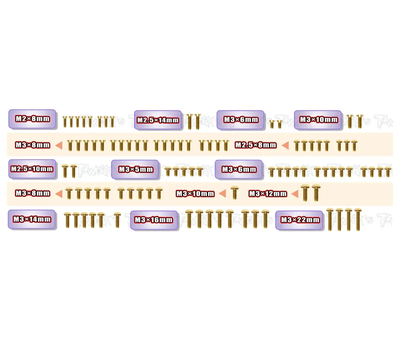 GSS-WORKS '91   Gold Plated Steel Screw Set 93pcs.  ( For Yokomo Super Dog Fighter Works'91 )