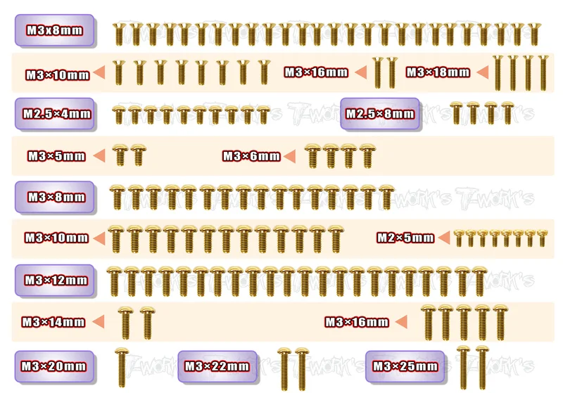 GSS-XB2'22Gold Plated Steel Screw Set 131pcs. ( For Xray XB2'22 )