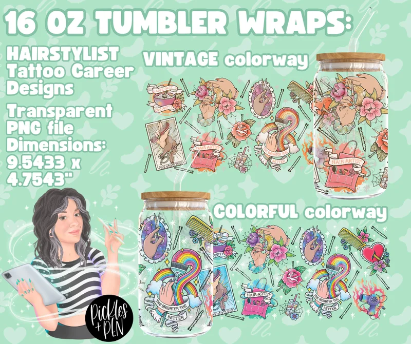 HAIRSTYLIST Tattoo Flash 16 oz TUMBLER WRAPS [LIMITED] COLORFUL Hairstylist Wrap