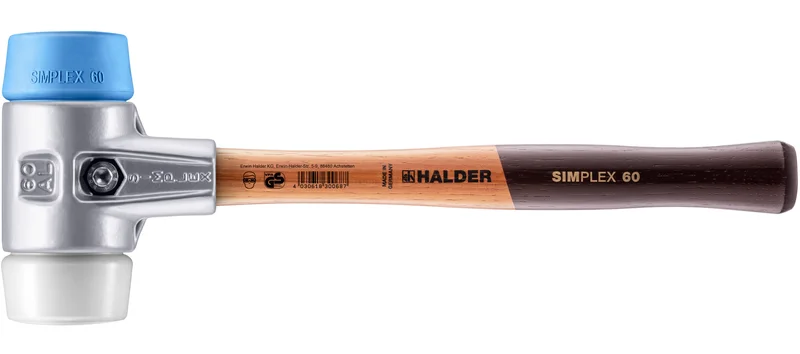 HALDER SIZE 60 SIMPLEX MALLET WITH ALUMINUM HOUSING AND BLUE SOFT RUBBER & WHITE SUPERPLASTIC FACES | 3117.060