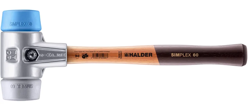 HALDER SIZE 60 SIMPLEX MALLET WITH ALUMINUM HOUSING AND SIZE 2.36" BLUE SOFT RUBBER & GREY RUBBER FACES | 3113.060