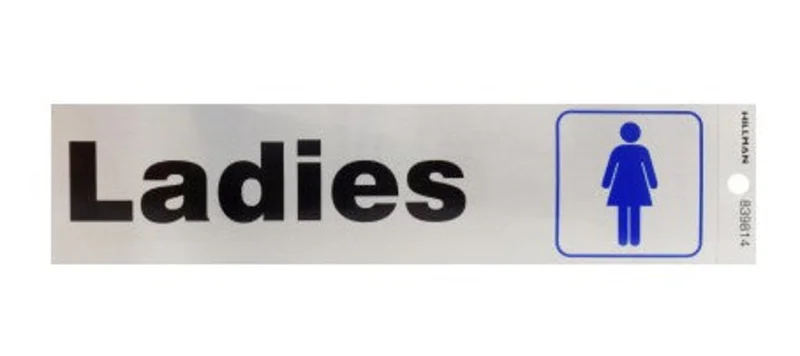 Hillman Ladies Room Sign, Black/Blue Lettering on Nickel Back