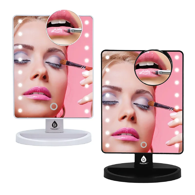 Hims and Hers Pursonic LED Lighted Vanity Makeup Mirror Bundle Black & White Set with 5X Magnifying Mini Mirrors