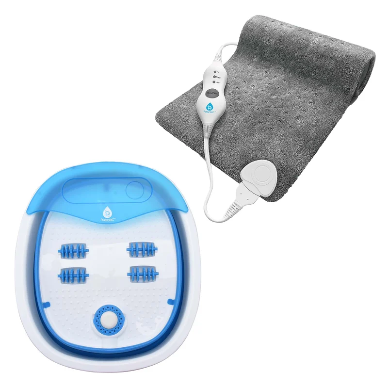 Home Comfort Bundle Pursonic 3-Setting Electric Heating Pad & Compact, Collapsible Footbath Spa Massager