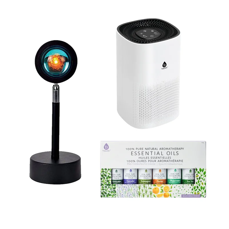 Home Wellness Bundle True HEPA Air Purifier, Sunset Projector Lamp & 6-Pack Essential Oils