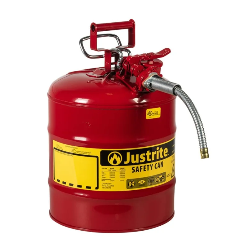 Justrite 5 Gallon, 5/8" Metal Hose, Steel Safety Can for Flammables, Type II, AccuFlow, Red Red