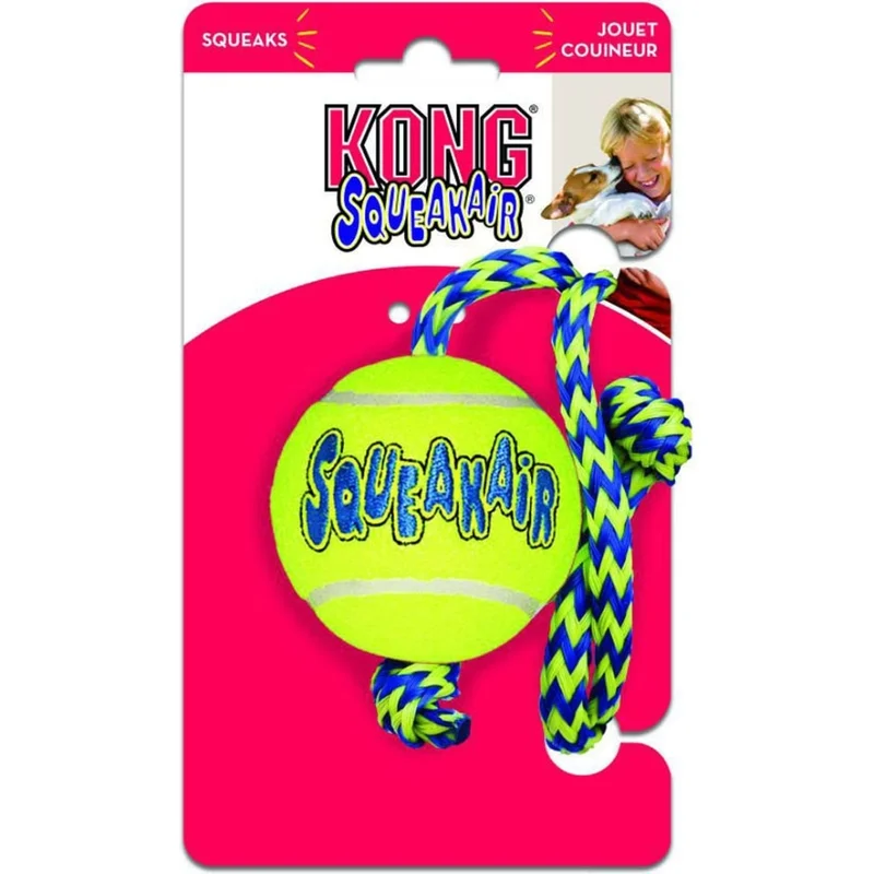 KONG SQUEAKAIR BALL WITH ROPE YELLOW