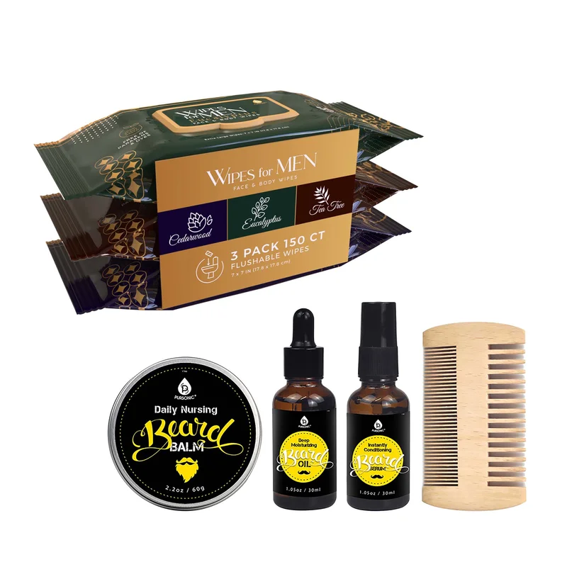Mens Grooming Essentials Bundle Assorted Face & Body Wipes (3-Pack, Cedarwood, Tea Tree, Eucalyptus) + Pursonic Beard Care Grooming Kit