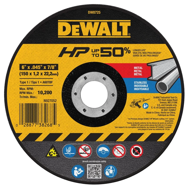 Metal/Stainless Cutting H. Performance Disc 6" X 7/8" Dewalt