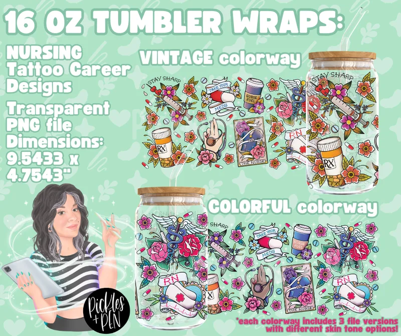 NURSING Tattoo Flash 16 oz TUMBLER WRAPS [LIMITED] COLORFUL Nursing Wrap