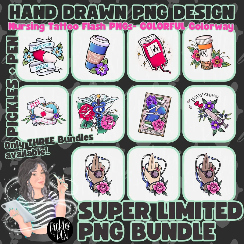 NURSING: Tattoo Flash Career Series COLORFUL PNGs [LIMITED] COLORFUL Nursing Tattoo Flash FULL BUNDLE