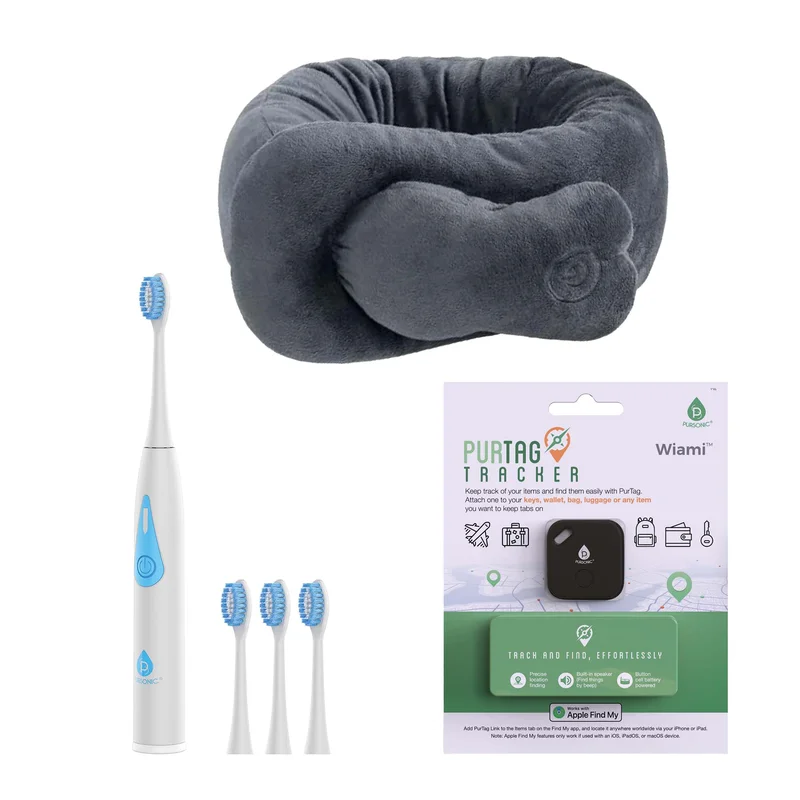 On-the-Go Travel Kit  Triple-Head Electric Toothbrush, Purtag Tracker, Portable Neck & Shoulder Massaging Wrap