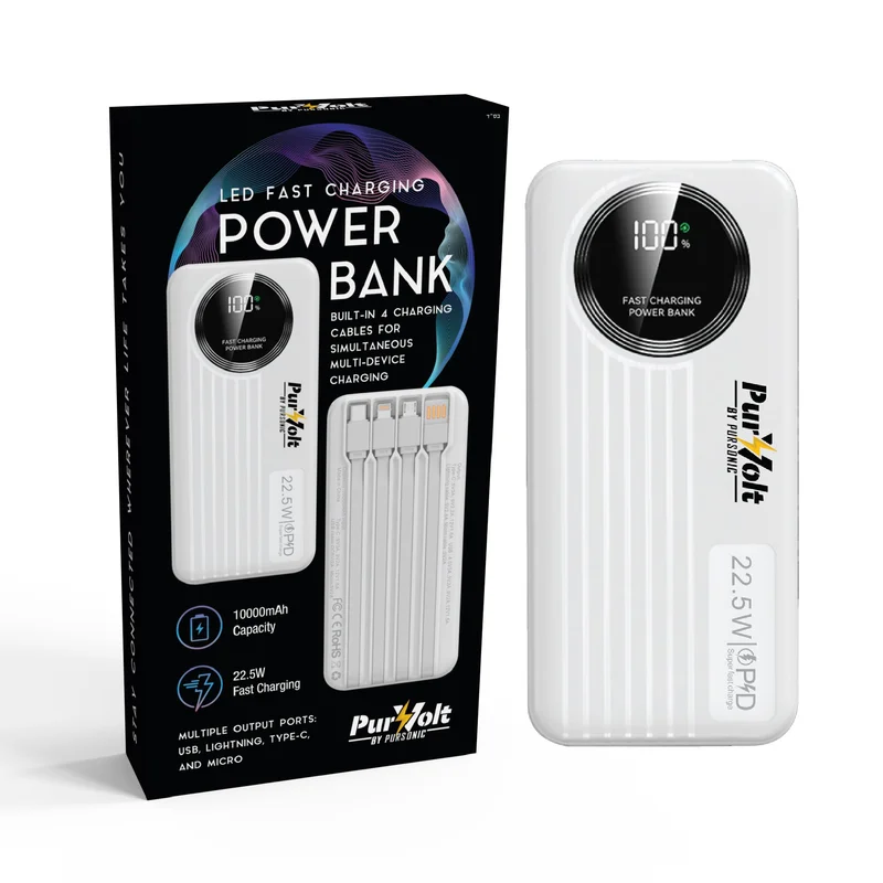 Pursonic 10,000mAh LED Fast Charging Power Bank Built-in Cables, 22.5W Output, Type-C/USB/Lightning Compatibility