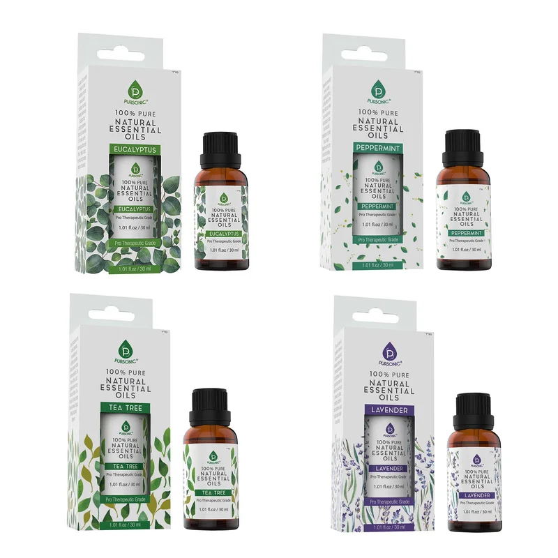 Pursonic 4-Pack Pure & Natural Essential Oils Collection Eucalyptus, Lavender, Tea Tree, and Peppermint