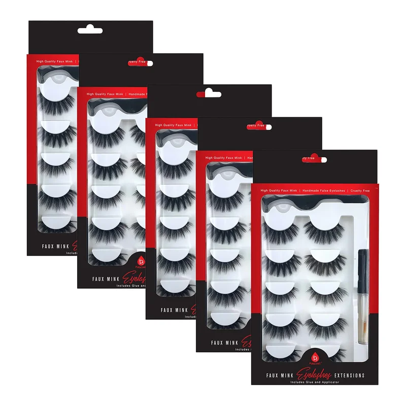 Pursonic 5-Pack Faux Mink Style False Eyelashes Bundle  25 Pairs with Glue & Applicator