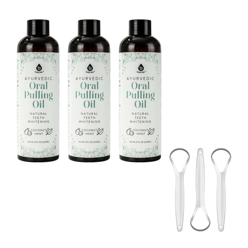 Pursonic Ayurvedic Oral Pulling Oil Bundle  3-Pack with Tongue Scrapers for Natural Teeth Whitening, Fresh Breath & Holistic Oral Health