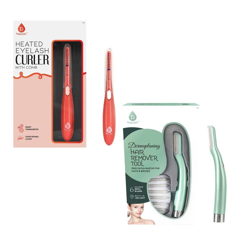 Pursonic Beauty Duo Bundle Heated Eyelash Curler with Comb + Precision Dermaplaning Hair Remover Tool for Flawless Lashes and Smooth Skin