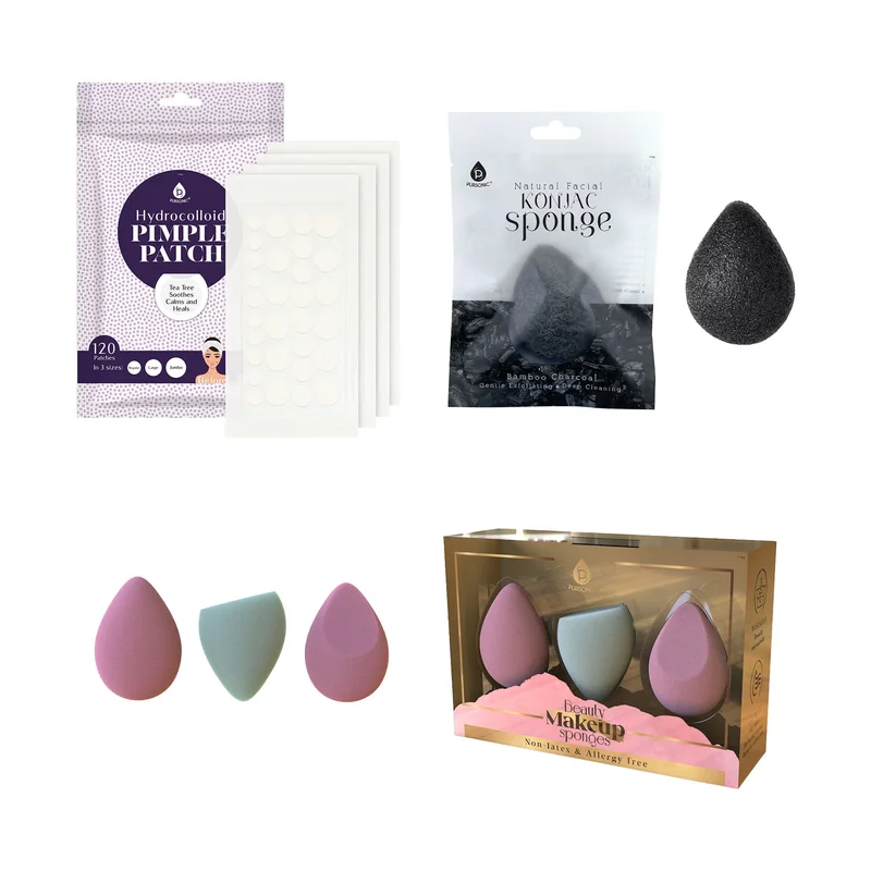 Pursonic Beauty Essentials Bundle 3-Pack Multi-Shape Makeup Sponges + Natural Bamboo Charcoal Konjac Sponge + 120-Count Hydrocolloid Pimple Patch Set