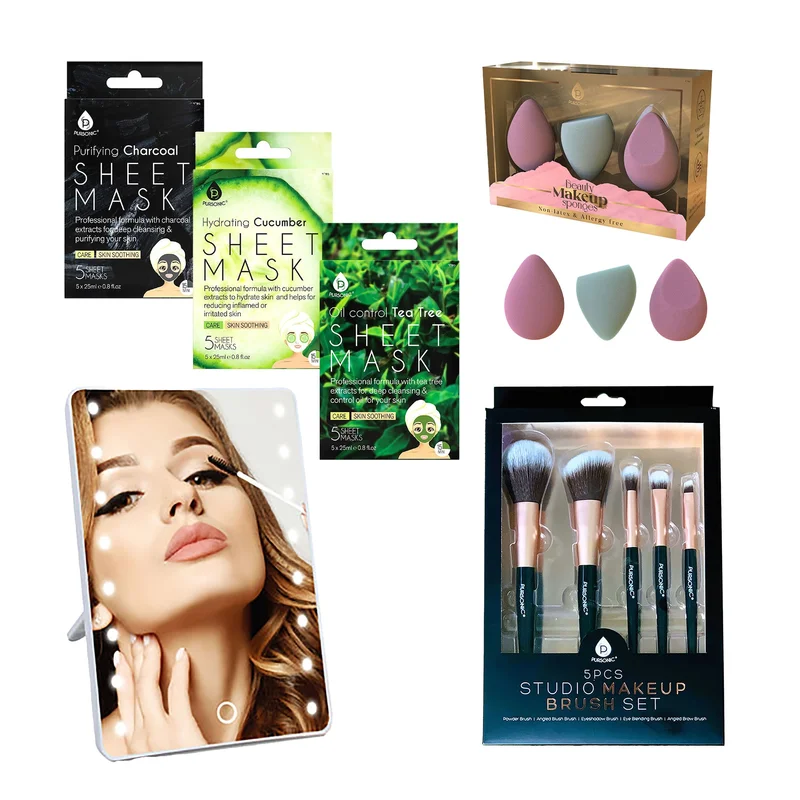 Pursonic Beauty Essentials Self-Care Bundle Studio Brush Set, Touchscreen Vanity Mirror, Blenders, and Sheet Masks Collection
