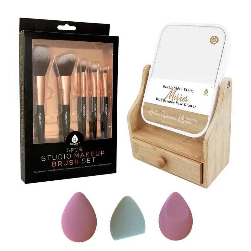 Pursonic Beauty Essentials Set Studio Makeup Brush Set, Multi-Shape Sponges, and Dual-Sided Vanity Mirror with Bamboo Base