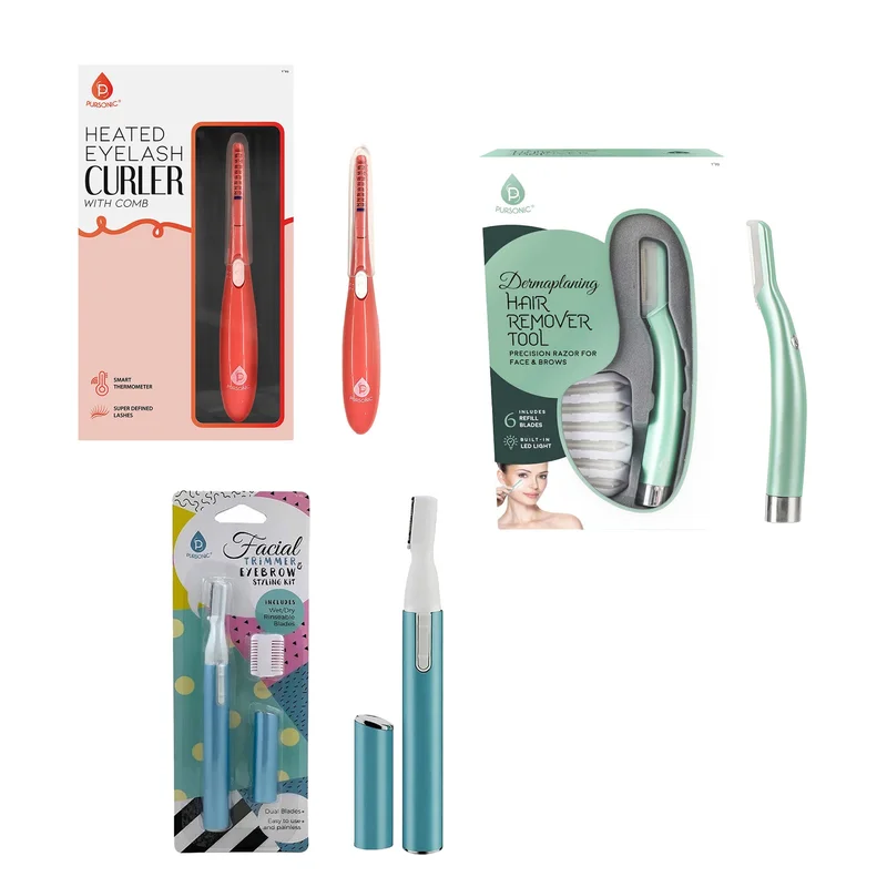 Pursonic Beauty Precision Bundle Multi-Purpose Hair Trimmer, Heated Eyelash Curler & Dermaplaning Hair Remover Tool